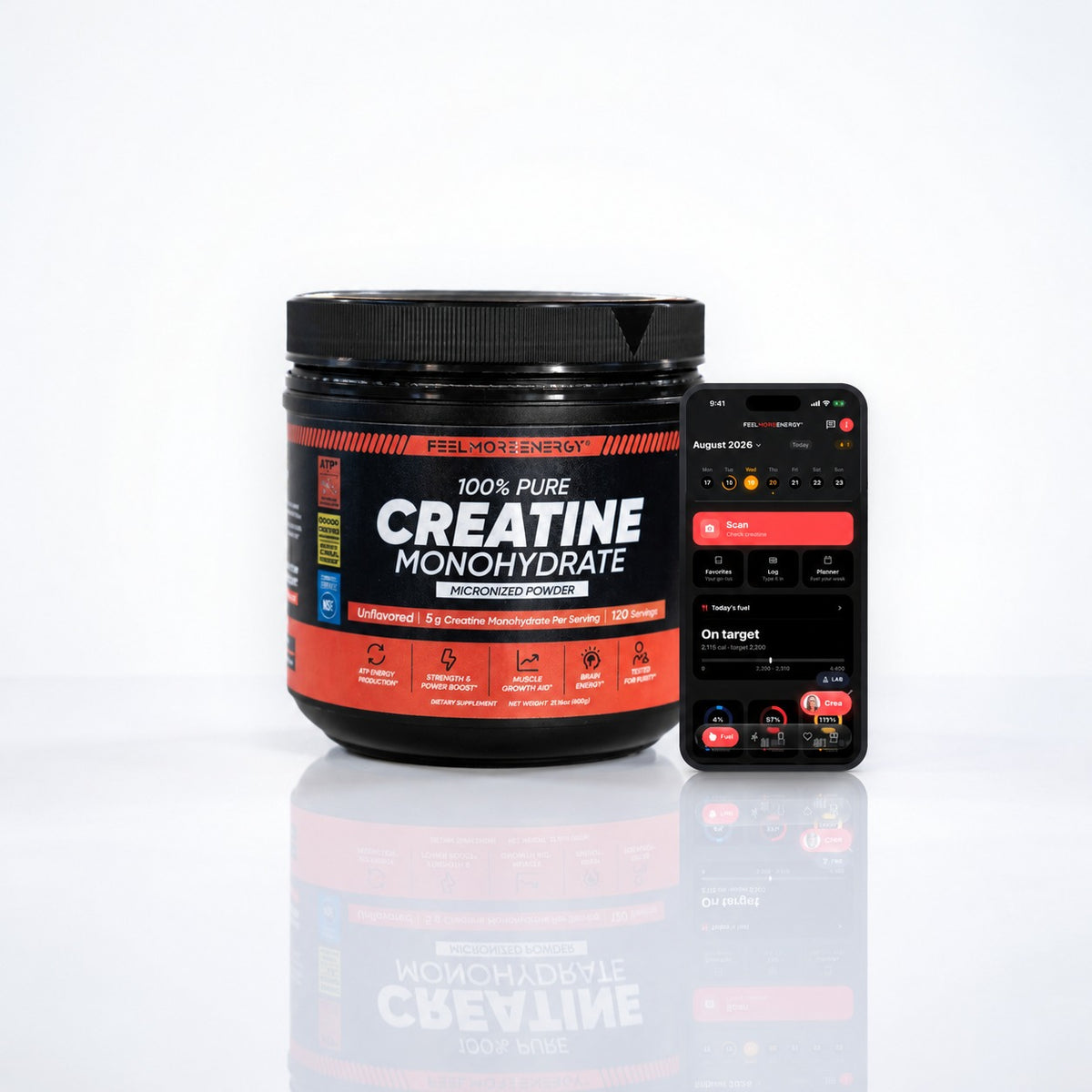 One jar, one membership — Feel More Energy Creatine Monohydrate jar with the FeelMore app on a phone