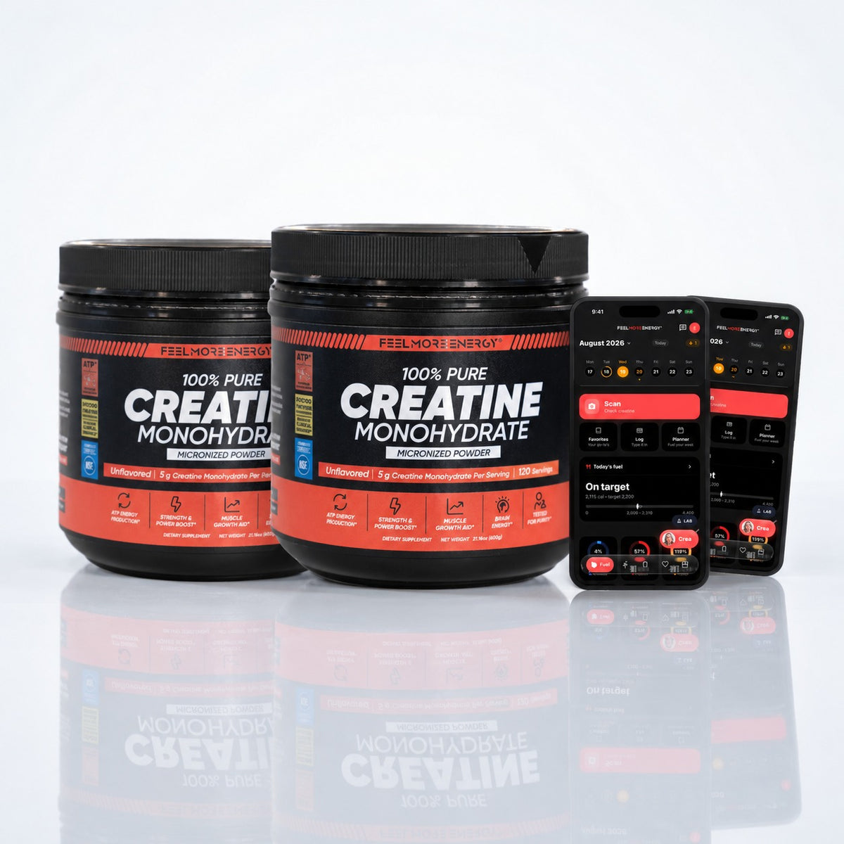 Two jars, two memberships — two Feel More Energy Creatine Monohydrate jars with the FeelMore app on two phones