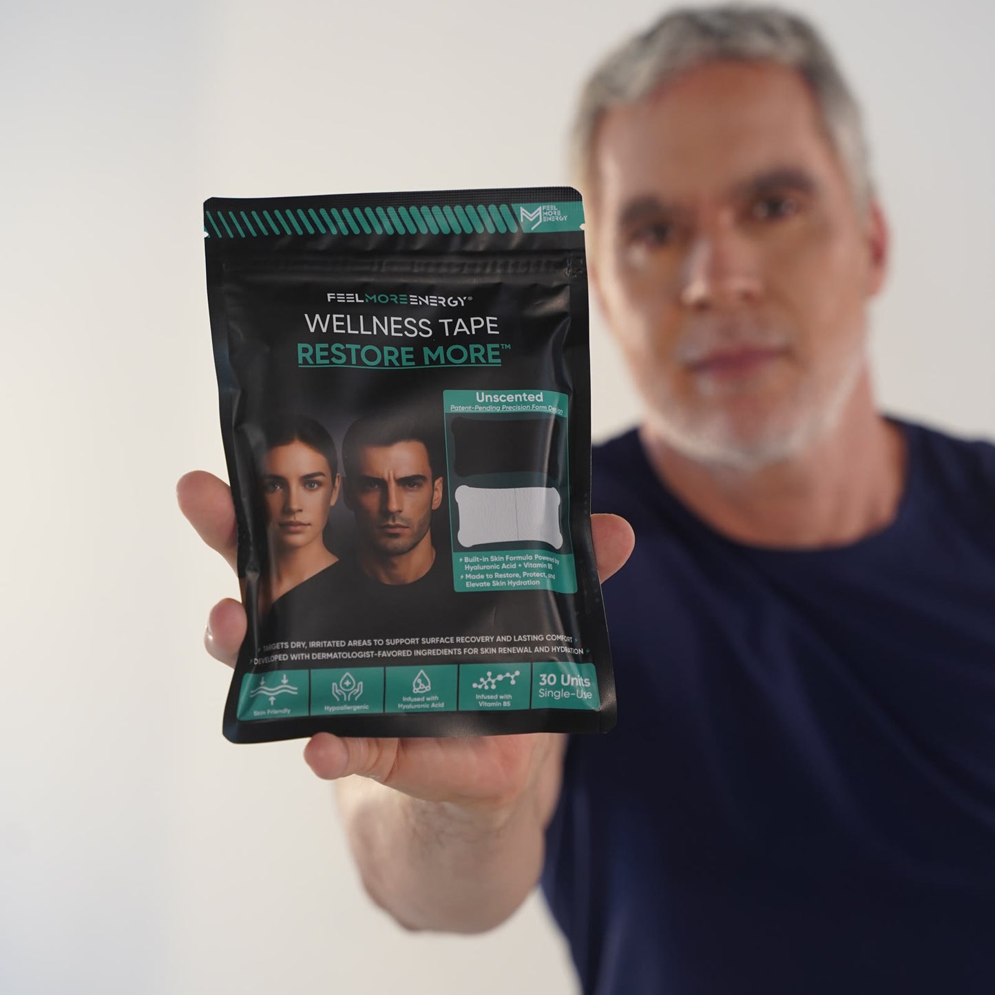 Restore-More wellness tape hero packshot — 30 single-use patches infused with hyaluronic acid and vitamin B5 for skin and tissue recovery