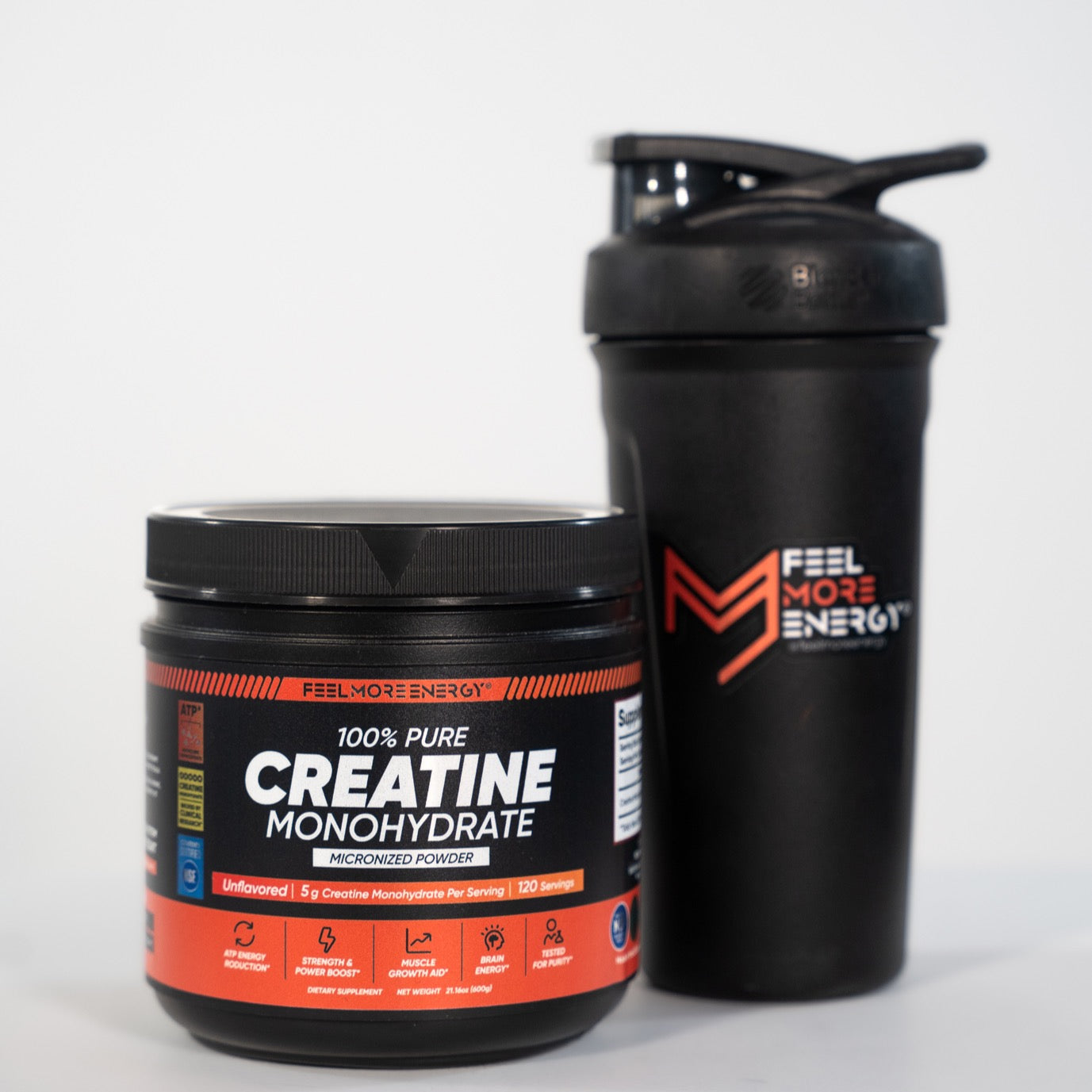 Feel More Energy creatine monohydrate jar paired with a shaker bottle — complete pre-workout supplement kit