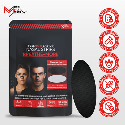 Packaging of Feel More Energy nasal strips with branding and product details on a white background.