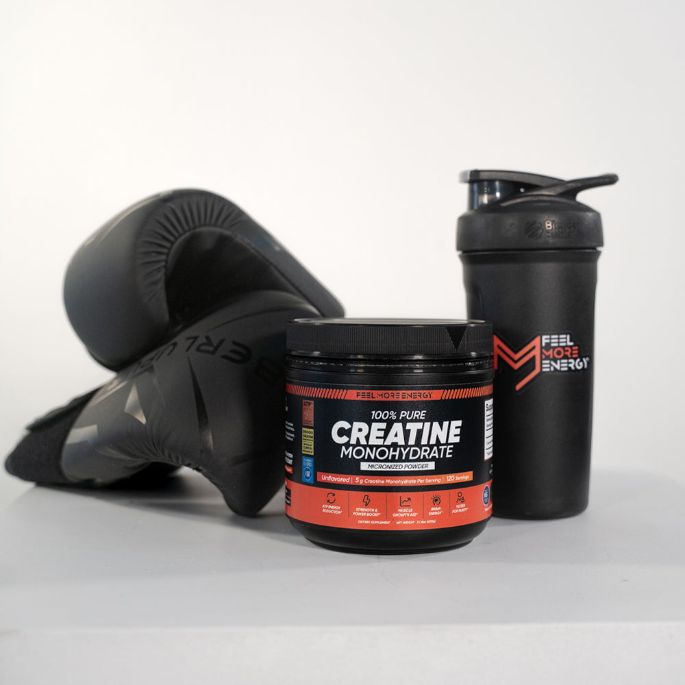 Feel More Energy 100% Pure Creatine Monohydrate jar with boxing gloves and a black shaker bottle
