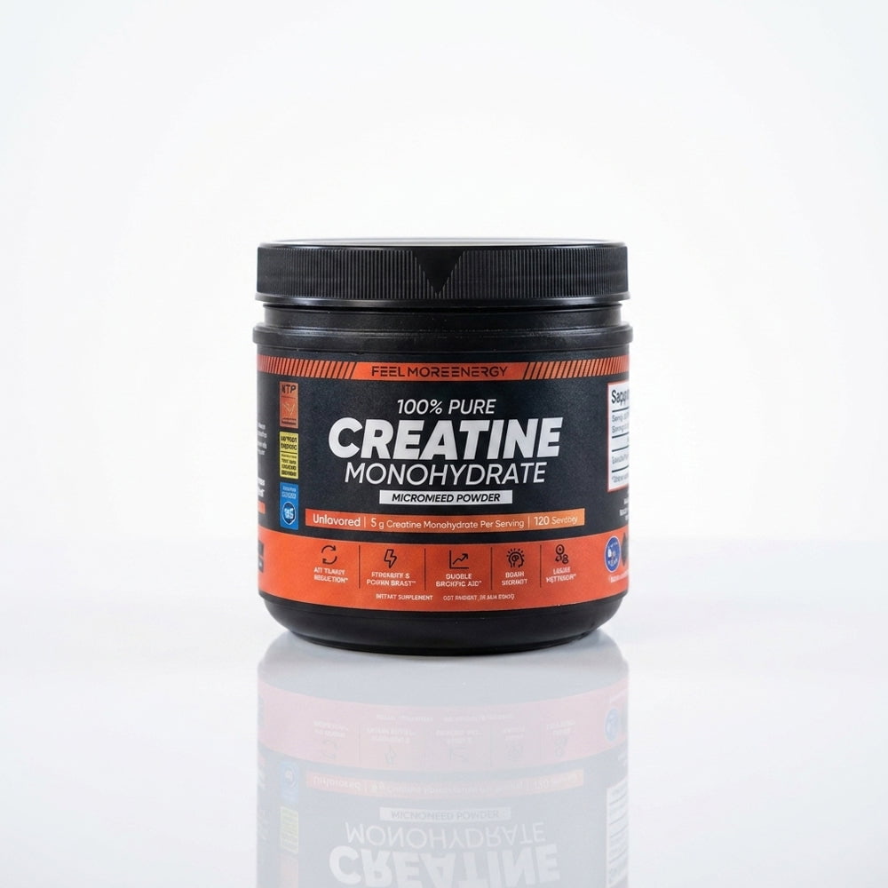 Front view of a Feel More Energy 100% Pure Creatine Monohydrate micronized powder jar on a white background