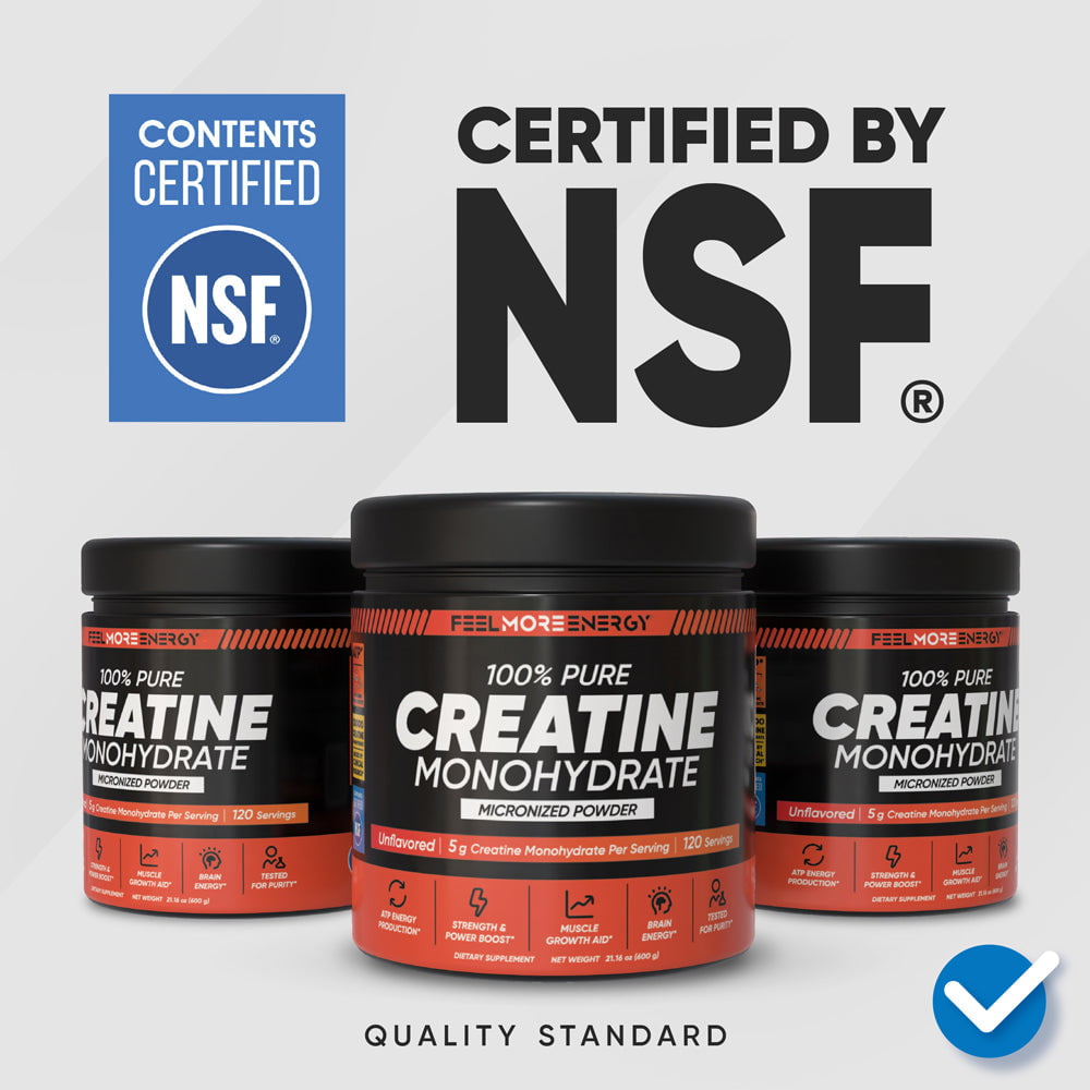 Feel More Energy Creatine Monohydrate is NSF Contents Certified — three jars shown with the NSF quality standard badge