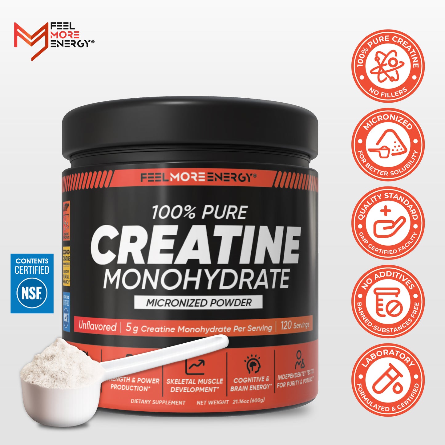 Creatine monohydrate powder container with branding and certification logos on a white background