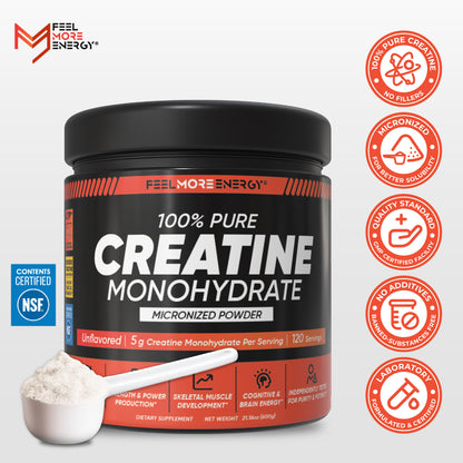 Creatine monohydrate powder container with branding and certification logos on a white background