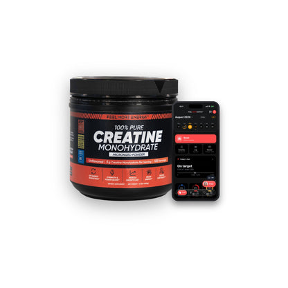 One jar, one membership — Feel More Energy Creatine Monohydrate jar with the FeelMore app on a phone