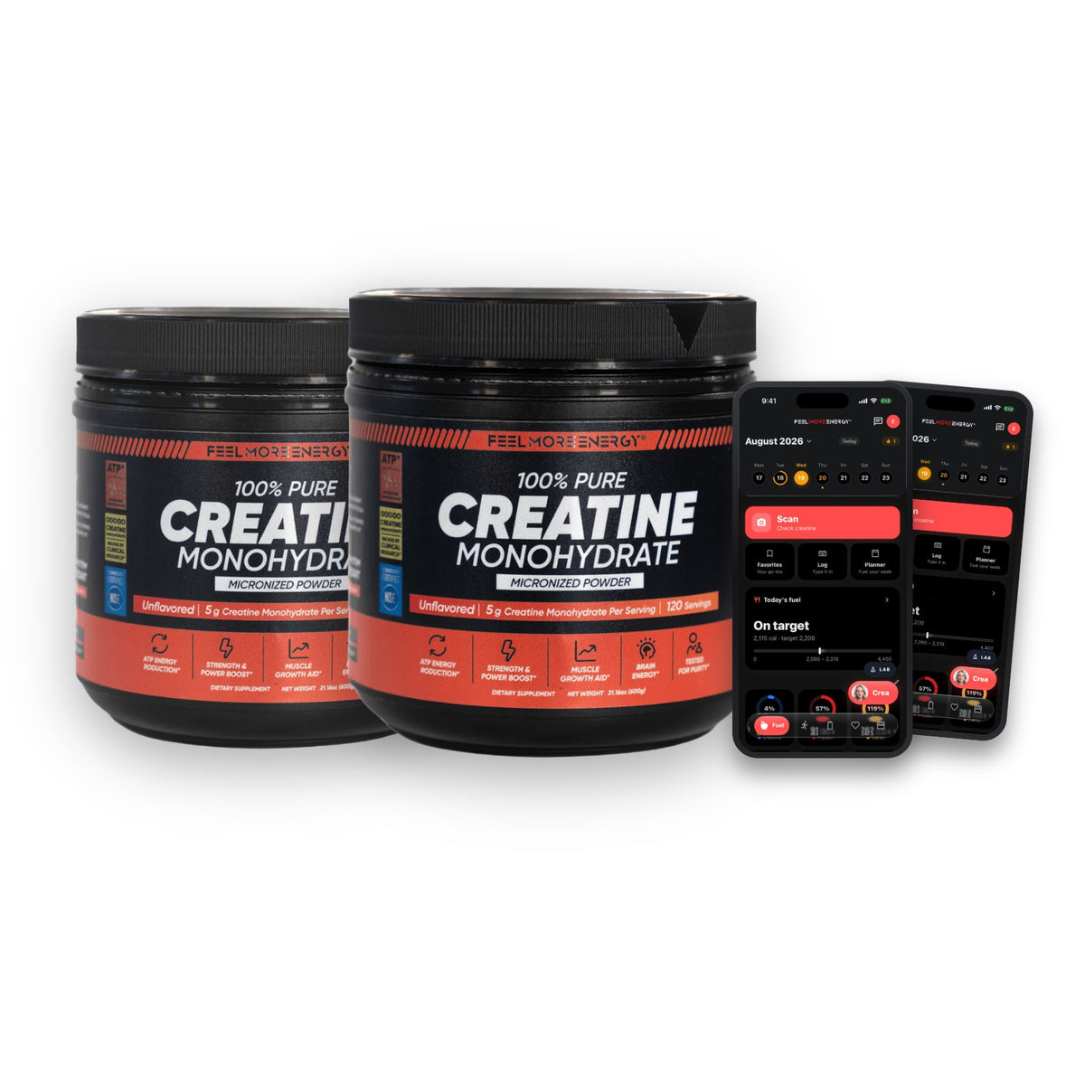 Two jars, two memberships — two Feel More Energy Creatine Monohydrate jars with the FeelMore app on two phones