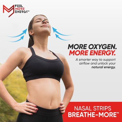 Woman wearing a black sports bra with text about nasal strips for better airflow and energy.
