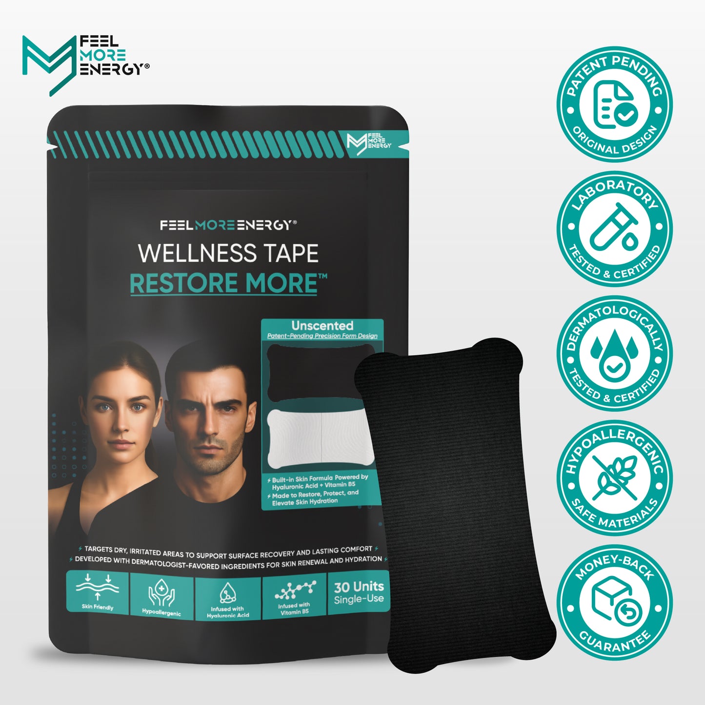 Feel More Energy Wellness Tape packaging with a sample piece on a light gray background