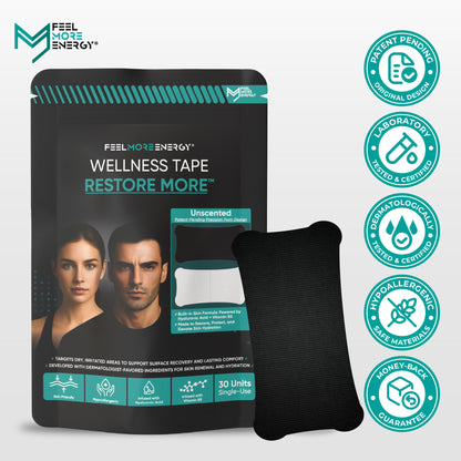 Feel More Energy Wellness Tape packaging with a sample piece on a light gray background