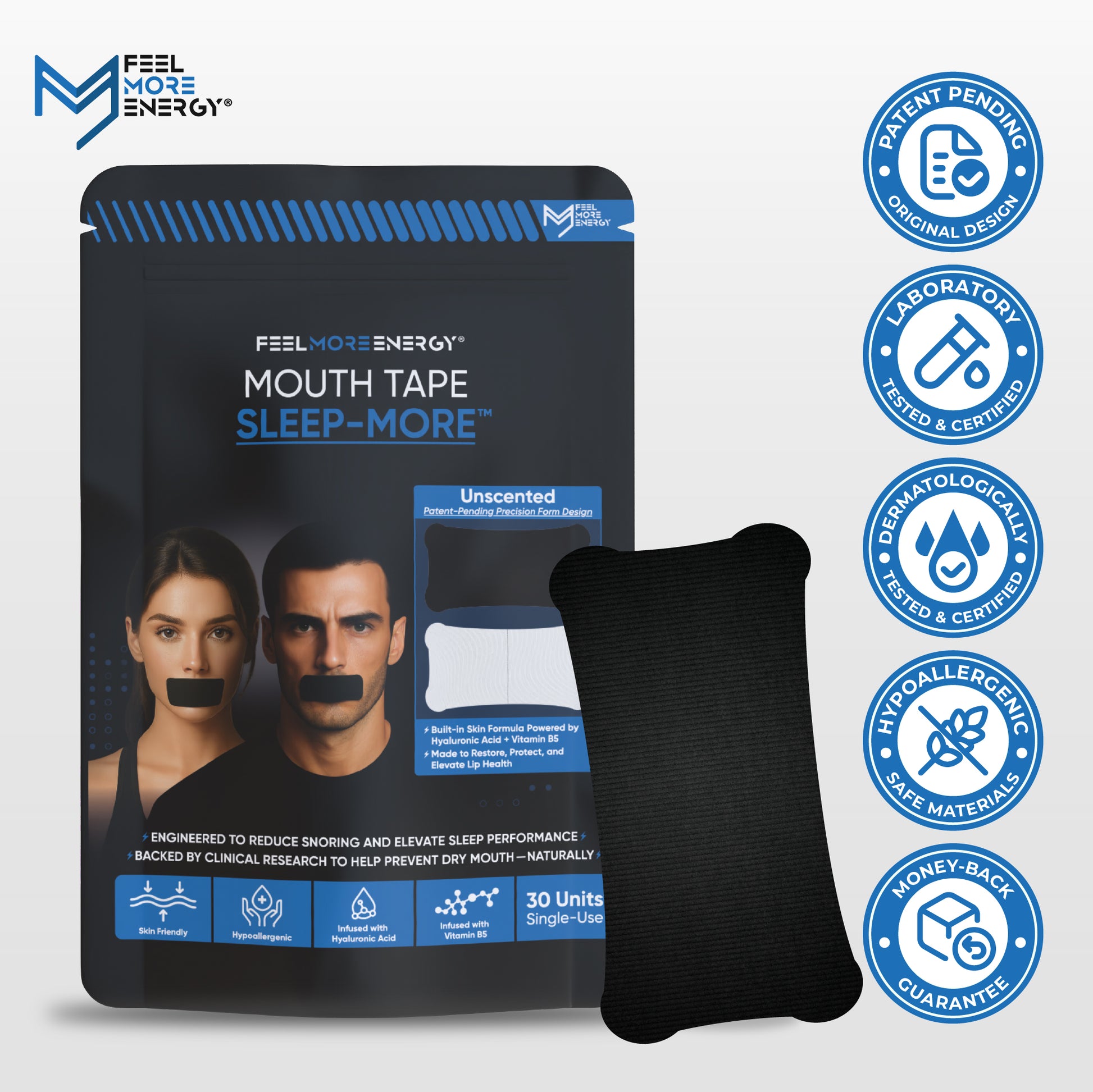 Feel More Energy Mouth Tape packaging with product and branding elements on a white background