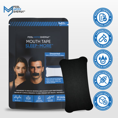 Feel More Energy Mouth Tape packaging with product and branding elements on a white background