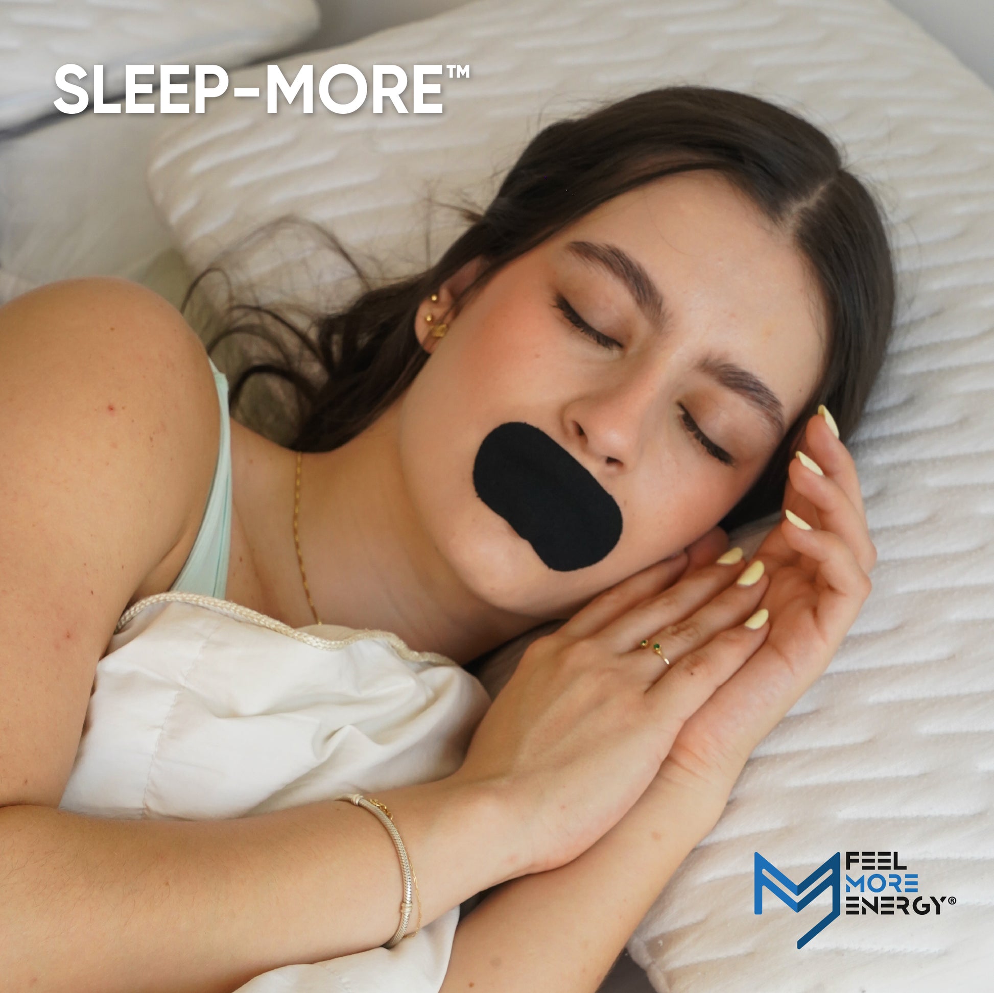 Woman lying in bed with a sleep mask on, featuring the 'Sleep-More' brand.