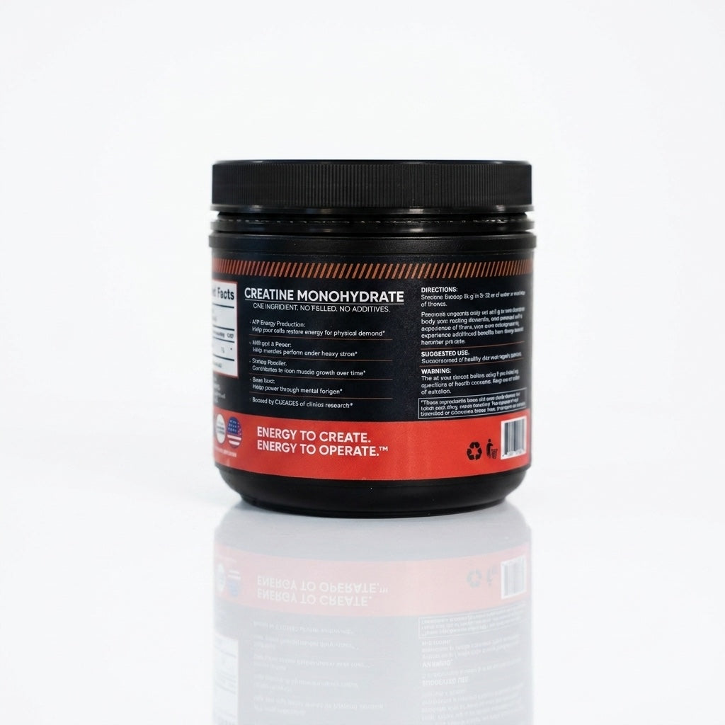 Feel More Energy creatine monohydrate jar back — supplement facts, daily dosage instructions and safety information