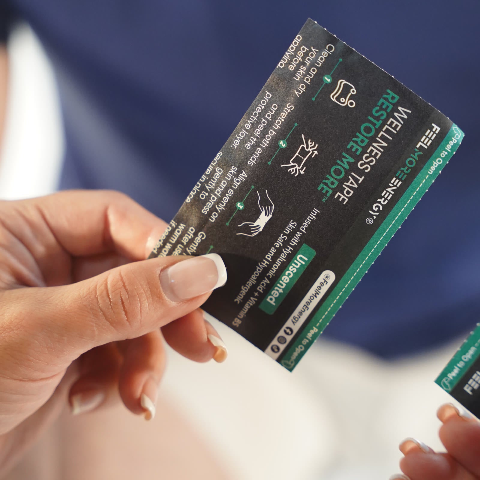 Restore-More wellness tape individual sachet — single-use packaging keeps the hyaluronic acid formula sealed until application