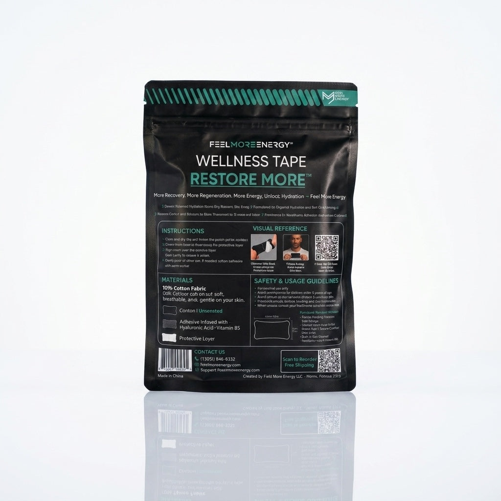 Restore-More wellness tape package back — application instructions, materials list and safety guidelines for daily recovery use