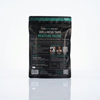 Restore-More wellness tape package back — application instructions, materials list and safety guidelines for daily recovery use