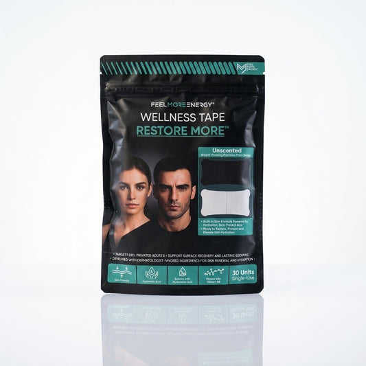 Restore-More wellness tape 30-unit package front — infused with hyaluronic acid and vitamin B5 for skin recovery and muscle relief