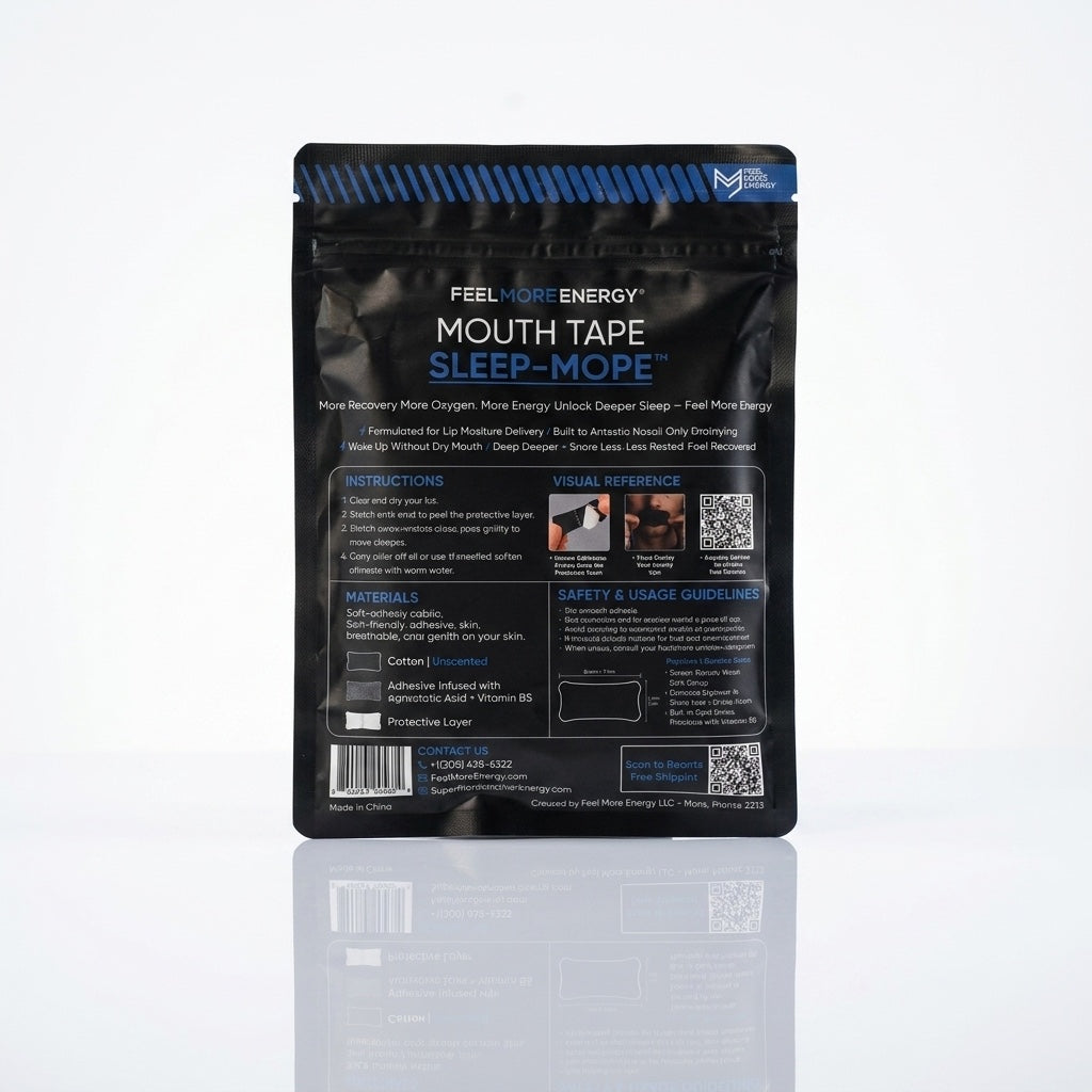Sleep-More mouth tape package back — instructions, materials and safety guidelines for snoring reduction and better sleep