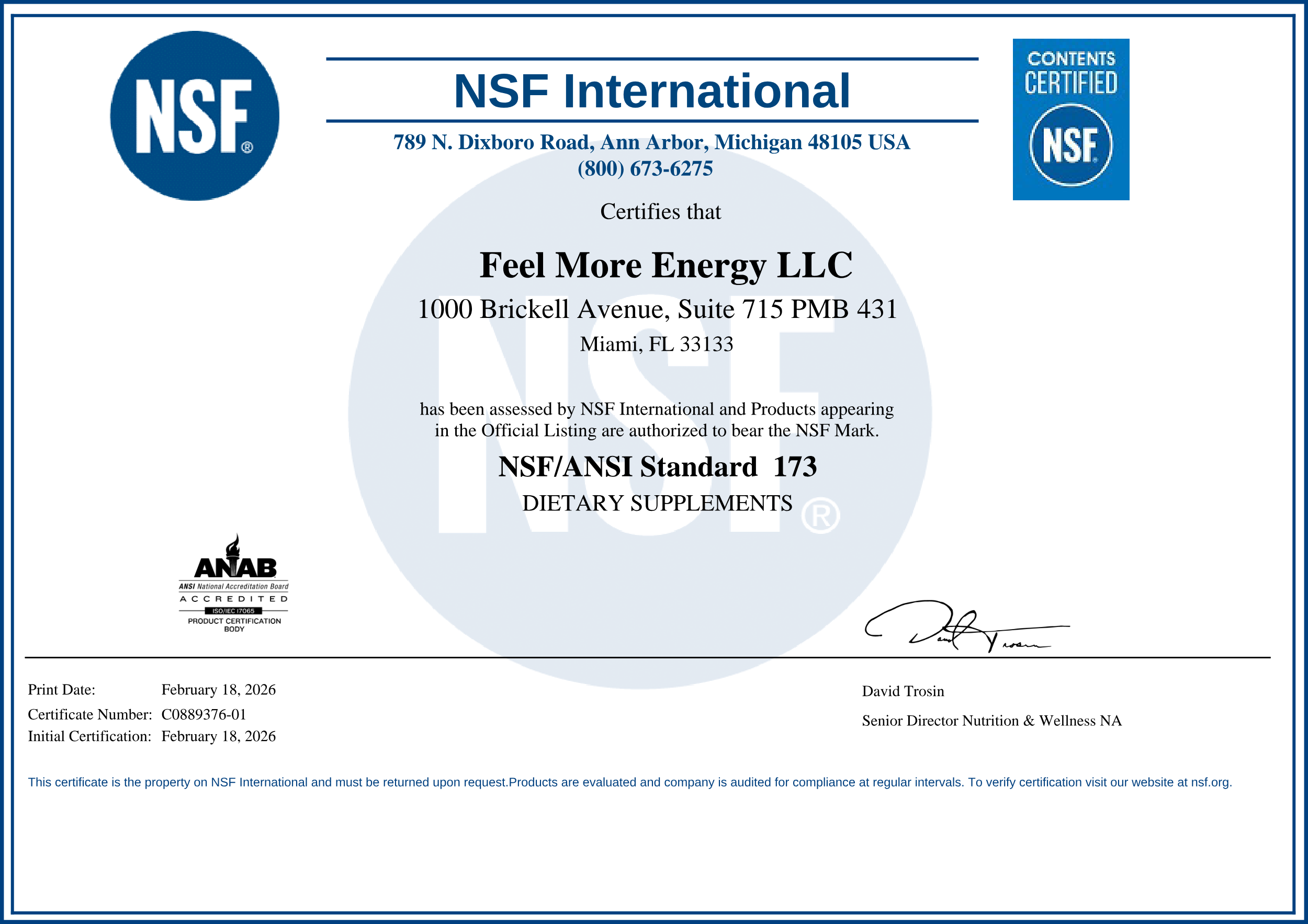 NSF/ANSI 173 certificate issued to Feel More Energy LLC