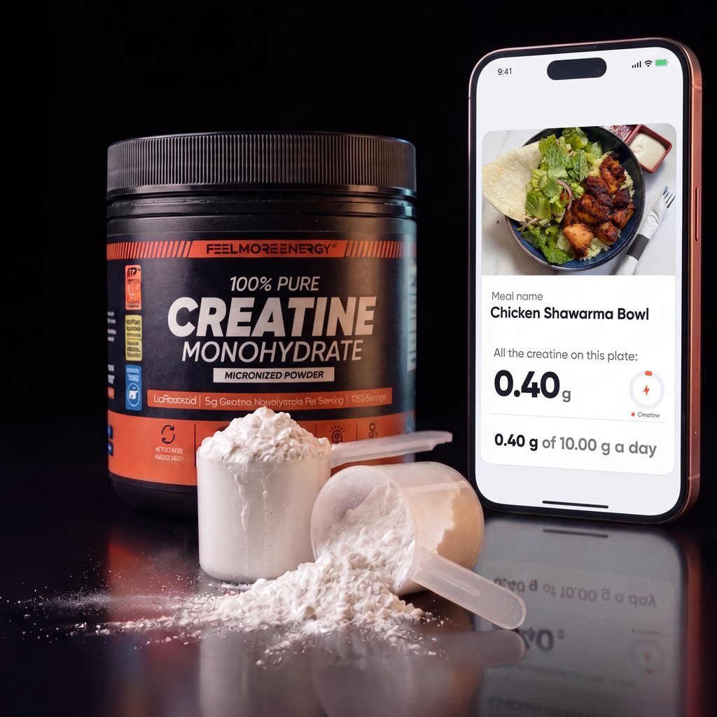 Un frasco de creatina monohidrato Feel More Energy con dos medidas de polvo